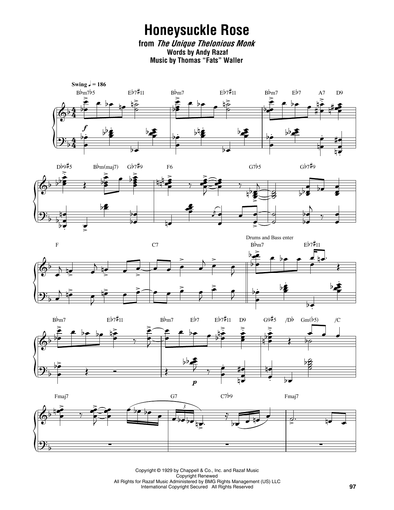 Download Thelonious Monk Honeysuckle Rose Sheet Music and learn how to play Piano Transcription PDF digital score in minutes