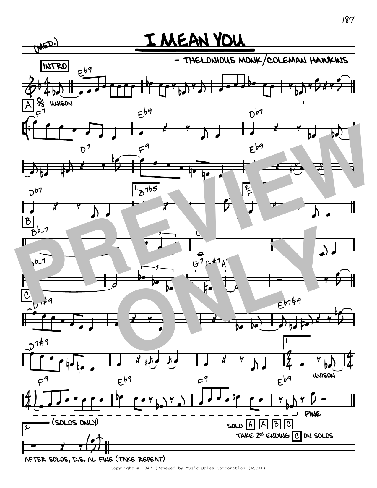 Download Thelonious Monk I Mean You [Reharmonized version] (arr. Jack Grassel) Sheet Music and learn how to play Real Book – Melody & Chords PDF digital score in minutes