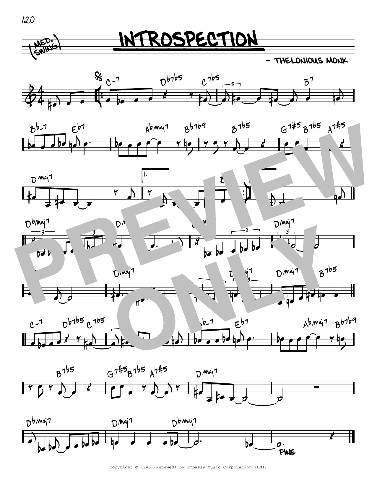 Download Thelonious Monk Introspection Sheet Music and learn how to play Real Book – Melody & Chords PDF digital score in minutes