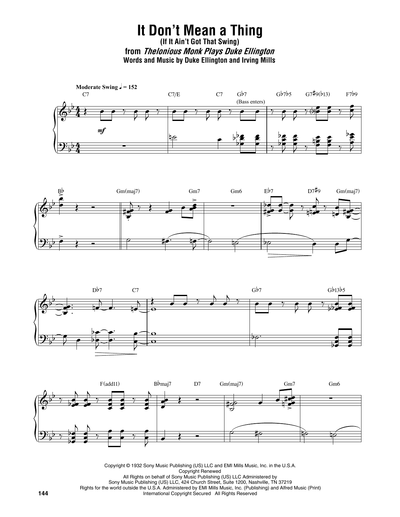 Download Thelonious Monk It Don't Mean A Thing (If It Ain't Got That Swing) Sheet Music and learn how to play Piano Transcription PDF digital score in minutes