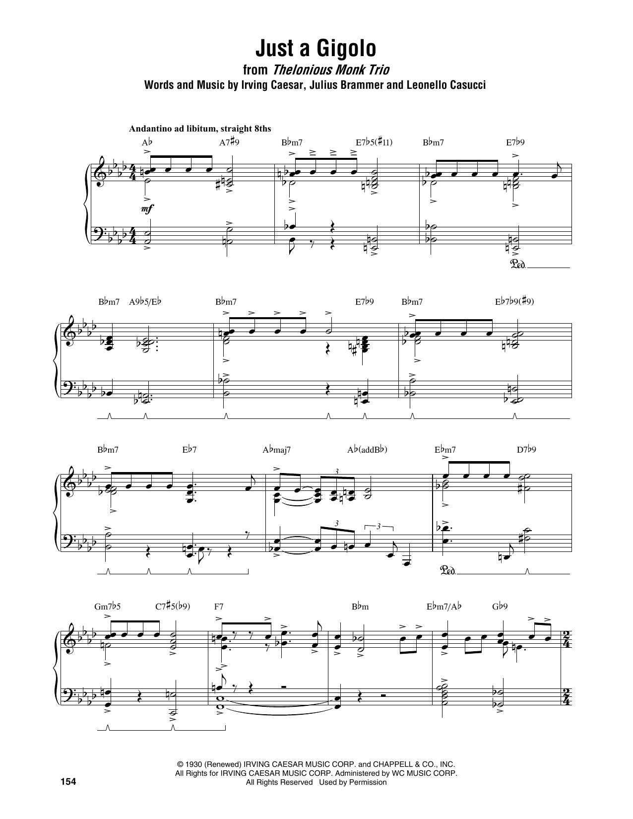 Download Thelonious Monk Just A Gigolo Sheet Music and learn how to play Piano Transcription PDF digital score in minutes