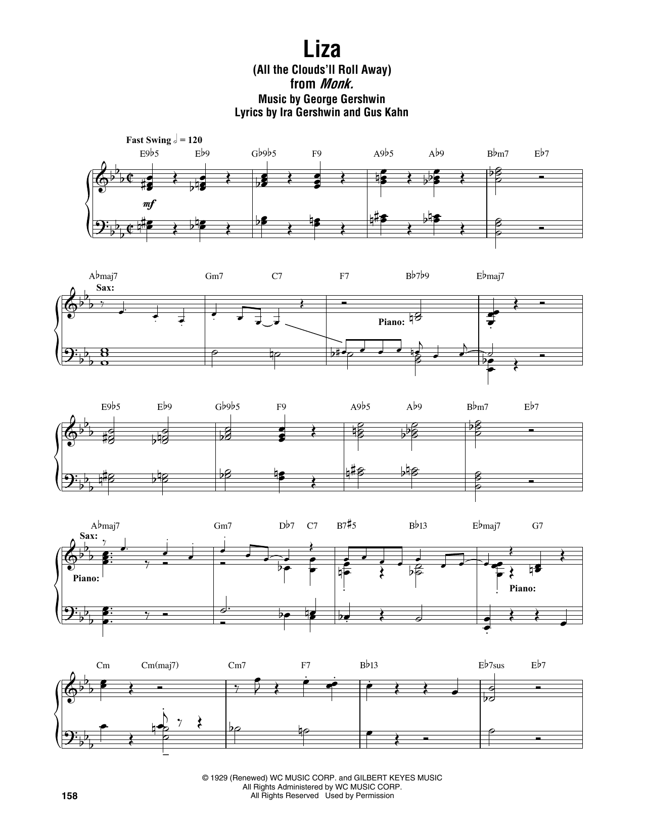 Download Thelonious Monk Liza (All The Clouds'll Roll Away) Sheet Music and learn how to play Piano Transcription PDF digital score in minutes