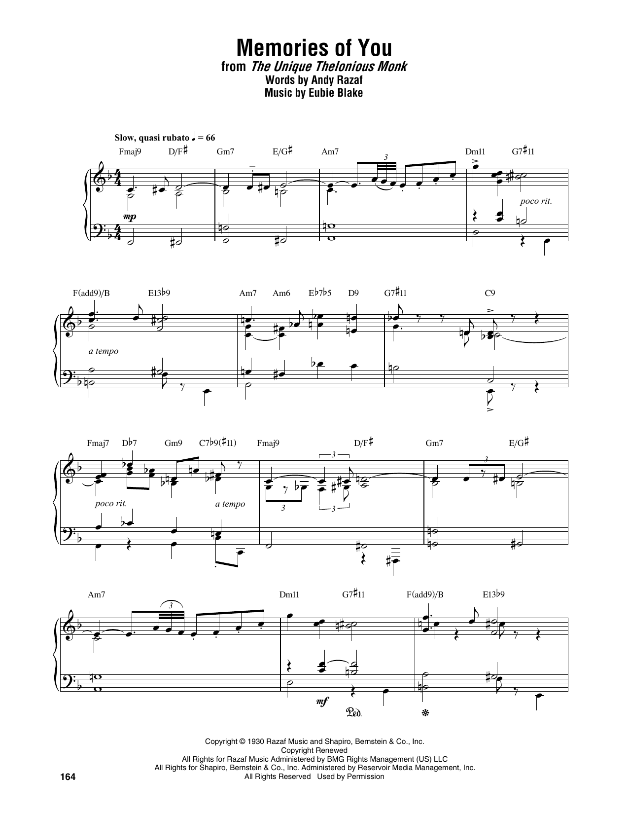 Download Thelonious Monk Memories Of You Sheet Music and learn how to play Piano Transcription PDF digital score in minutes