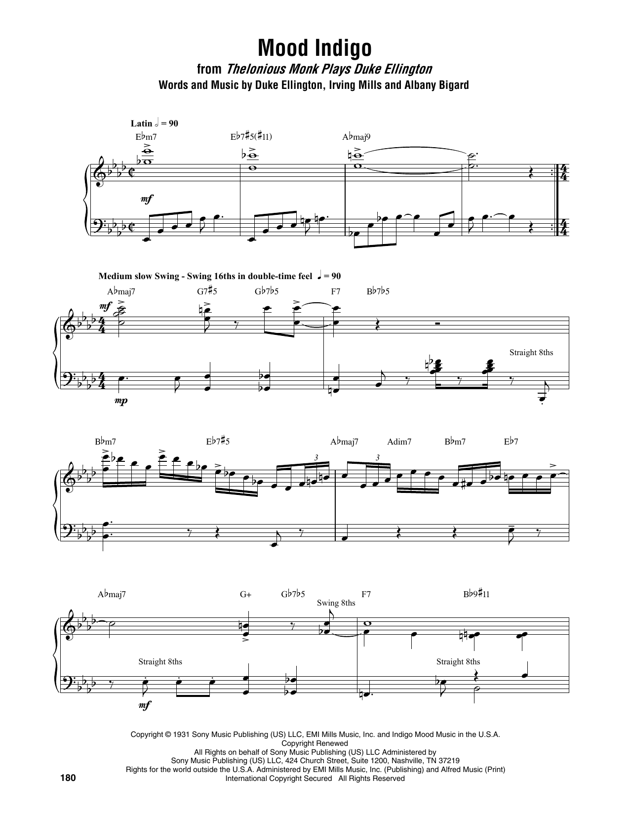 Download Thelonious Monk Mood Indigo Sheet Music and learn how to play Piano Transcription PDF digital score in minutes