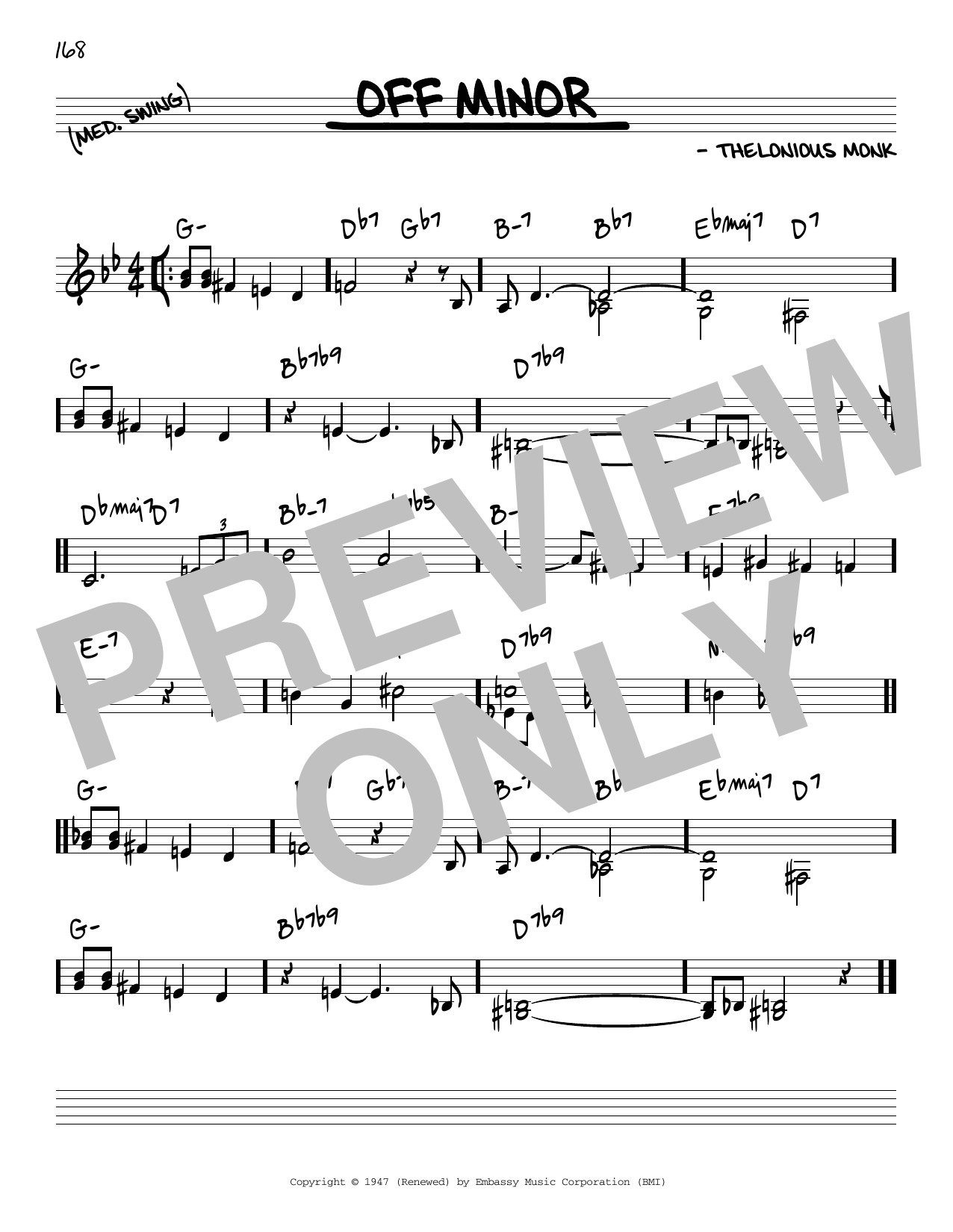 Download Thelonious Monk Off Minor Sheet Music and learn how to play Real Book - Melody & Chords - C Instruments PDF digital score in minutes