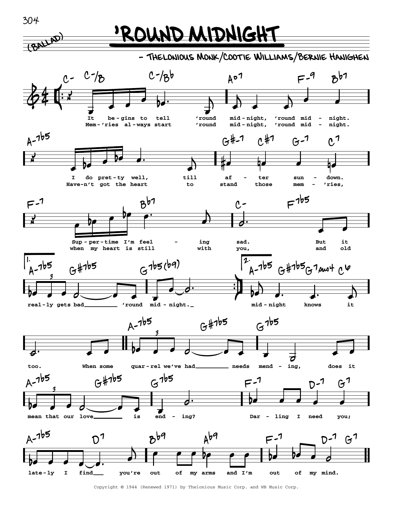 Download Thelonious Monk 'Round Midnight (Low Voice) Sheet Music and learn how to play Real Book – Melody, Lyrics & Chords PDF digital score in minutes