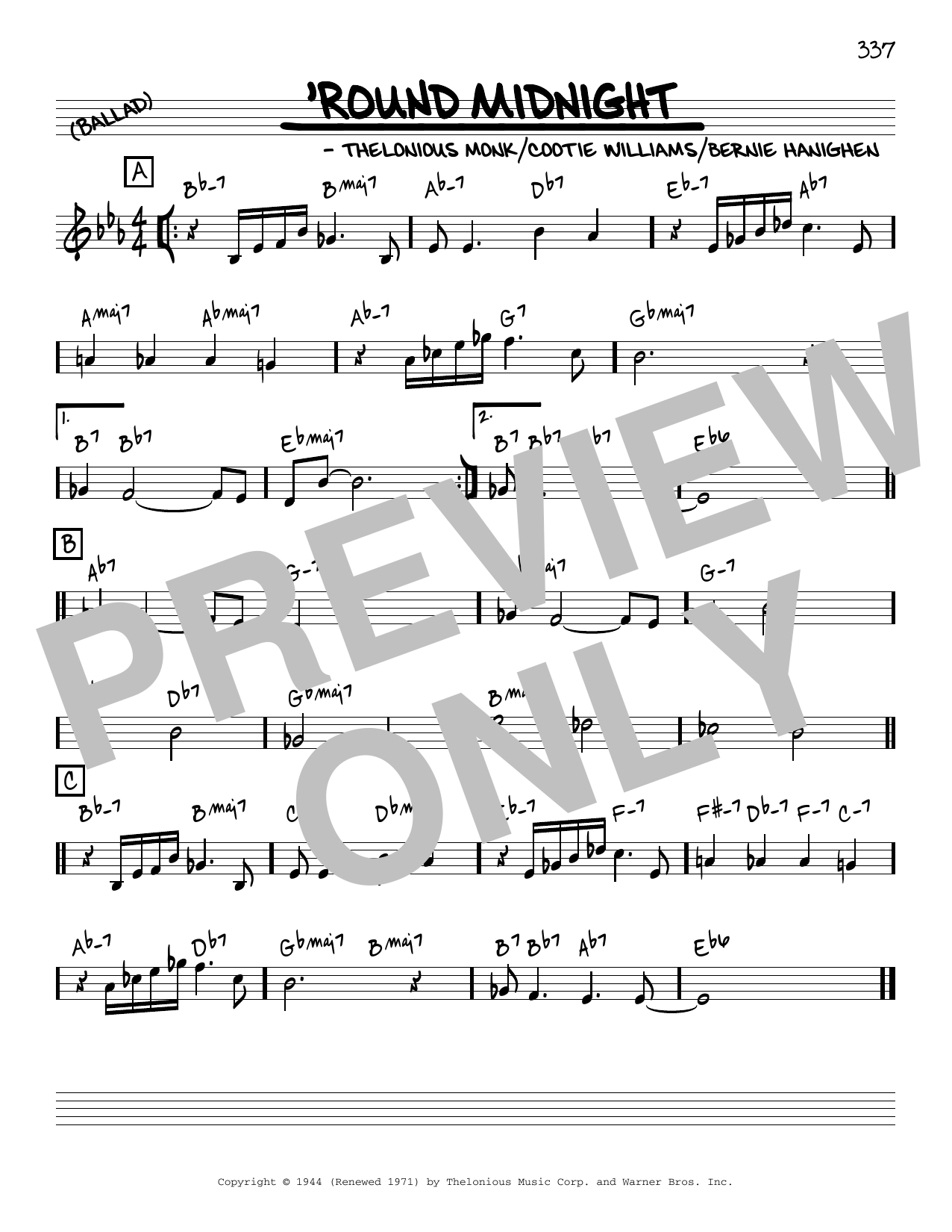 Download Thelonious Monk 'Round Midnight [Reharmonized version] (arr. Jack Grassel) Sheet Music and learn how to play Real Book – Melody & Chords PDF digital score in minutes