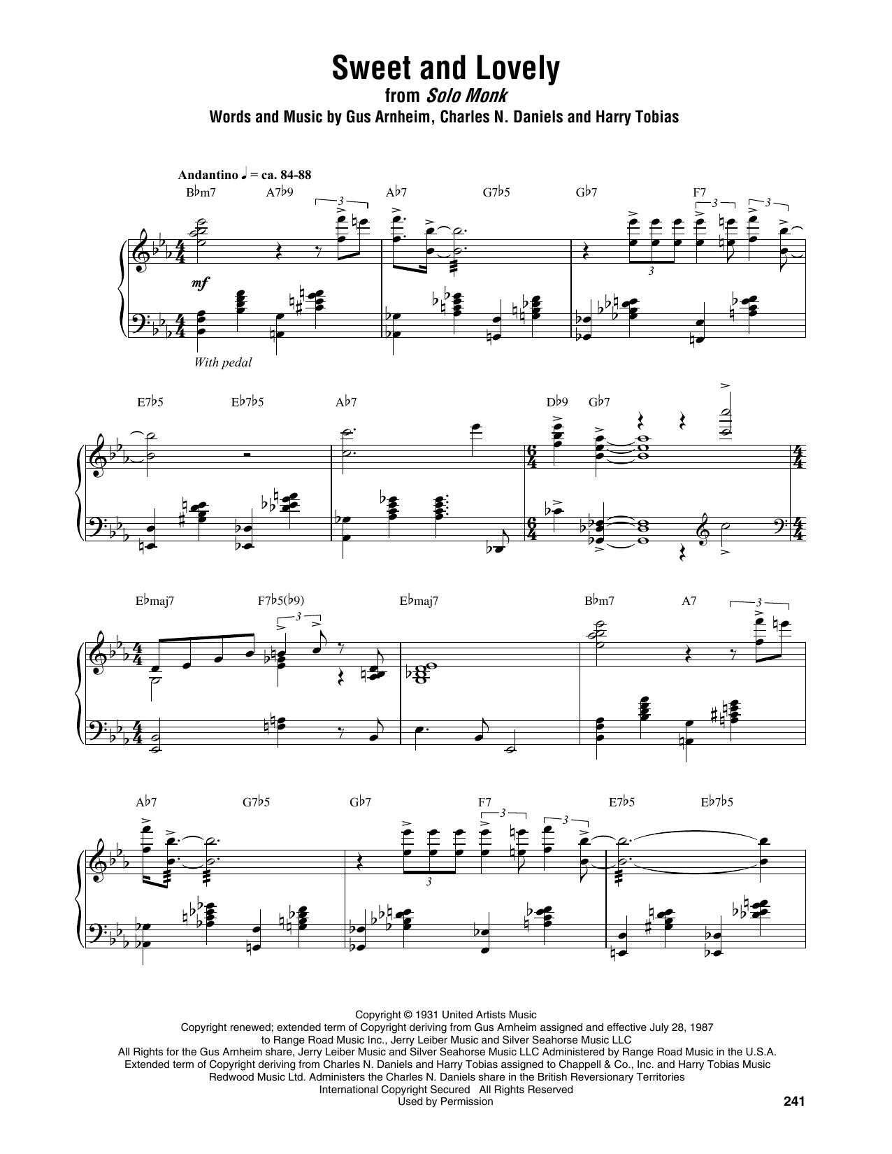 Download Thelonious Monk Sweet And Lovely Sheet Music and learn how to play Piano Transcription PDF digital score in minutes