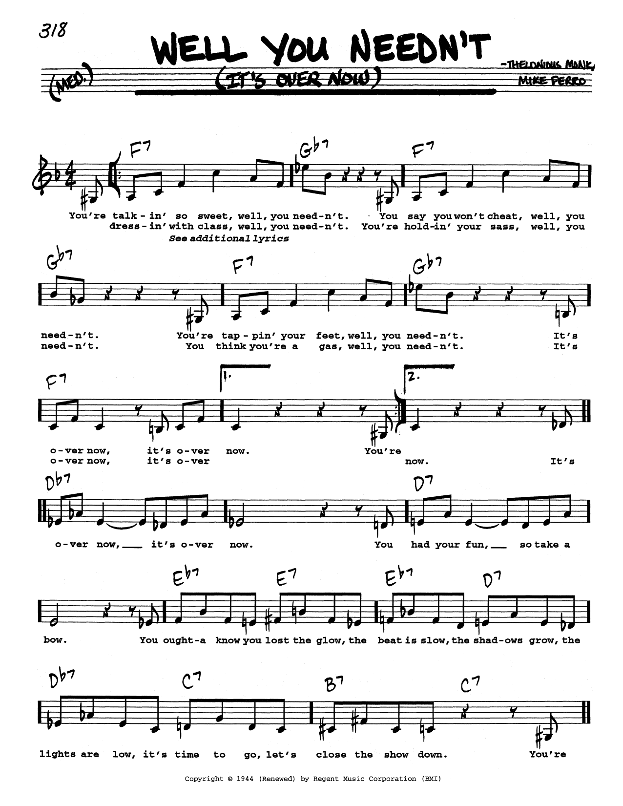Download Thelonious Monk Well You Needn't (It's Over Now) (Low Voice) Sheet Music and learn how to play Real Book – Melody, Lyrics & Chords PDF digital score in minutes