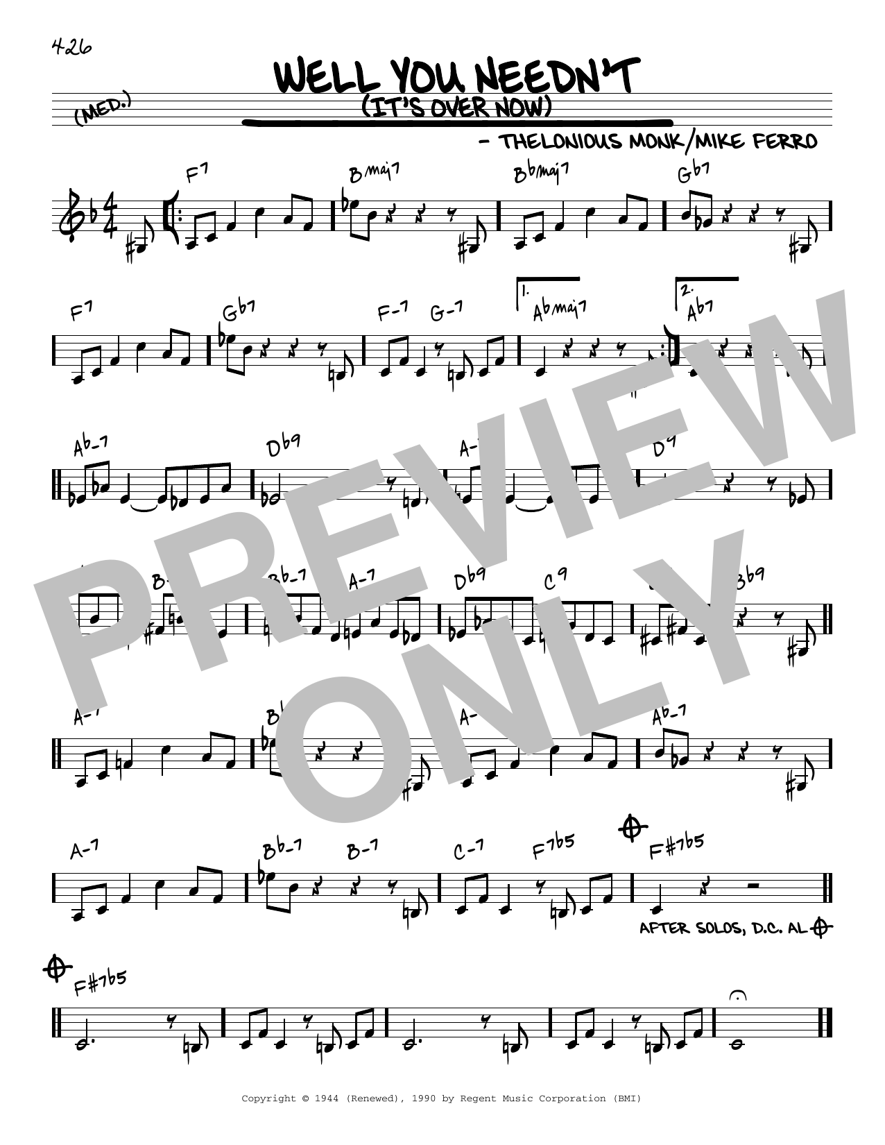 Download Thelonious Monk Well You Needn't (It's Over Now) [Reharmonized version] (arr. Jack Grassel) Sheet Music and learn how to play Real Book – Melody & Chords PDF digital score in minutes