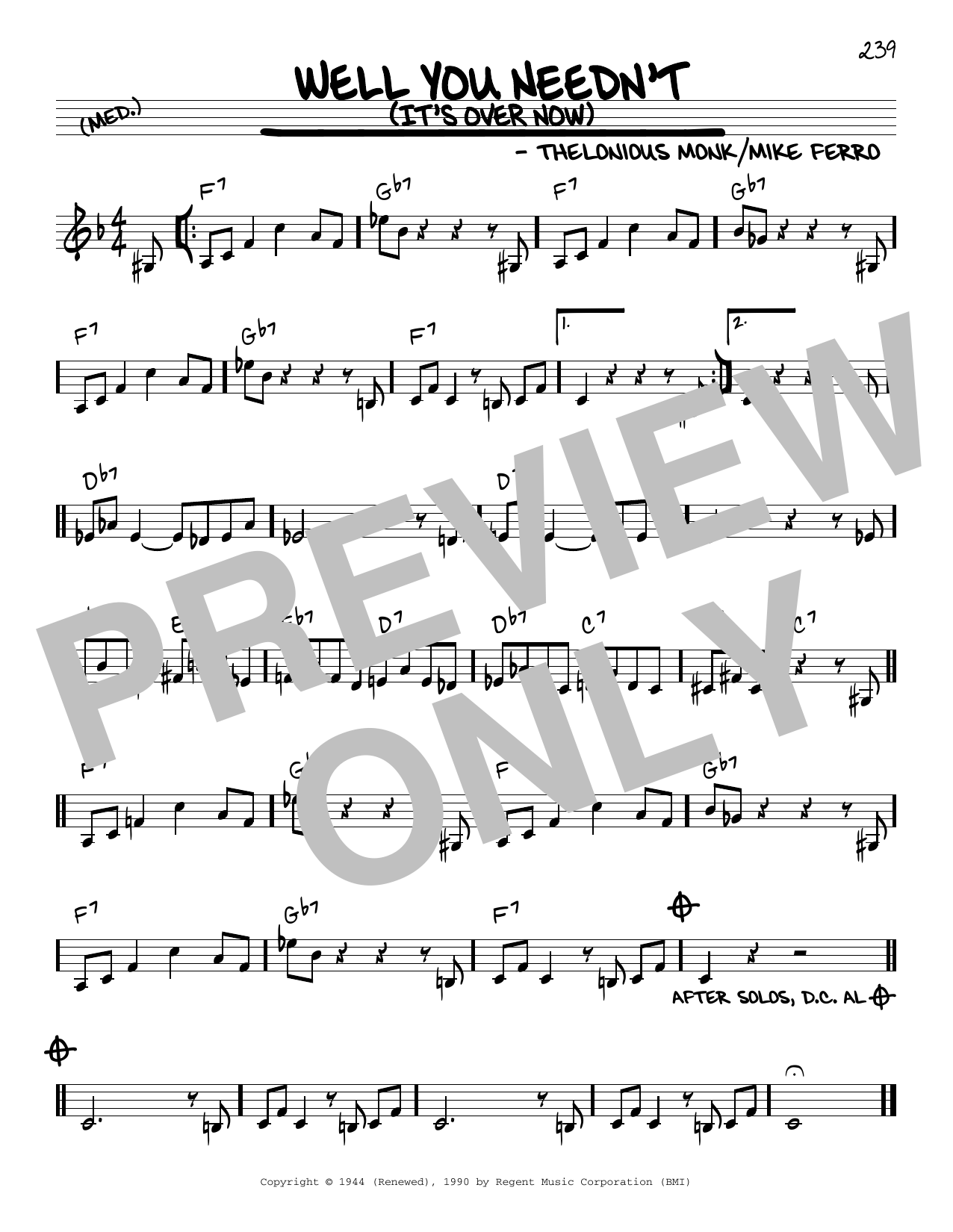 Download Thelonious Monk Well You Needn't (It's Over Now) Sheet Music and learn how to play Piano PDF digital score in minutes