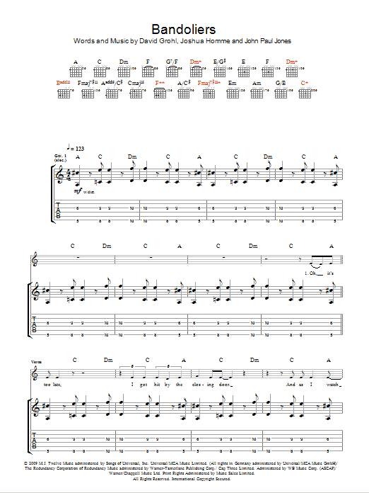 Download Them Crooked Vultures Bandoliers Sheet Music and learn how to play Guitar Tab PDF digital score in minutes