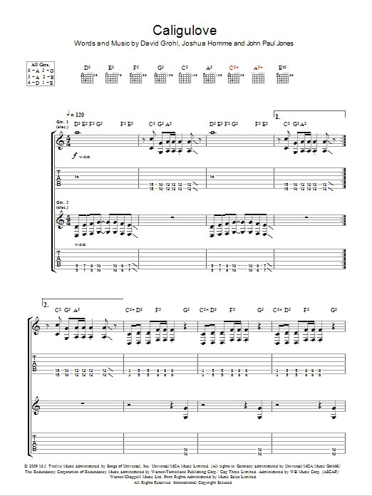 Download Them Crooked Vultures Caligulove Sheet Music and learn how to play Guitar Tab PDF digital score in minutes