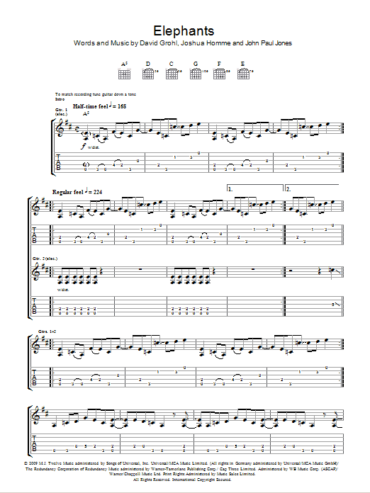 Download Them Crooked Vultures Elephants Sheet Music and learn how to play Guitar Tab PDF digital score in minutes