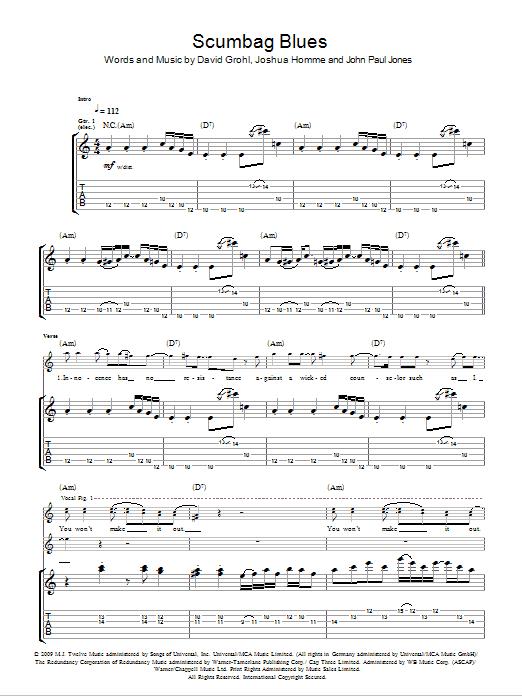 Download Them Crooked Vultures Scumbag Blues Sheet Music and learn how to play Guitar Tab PDF digital score in minutes