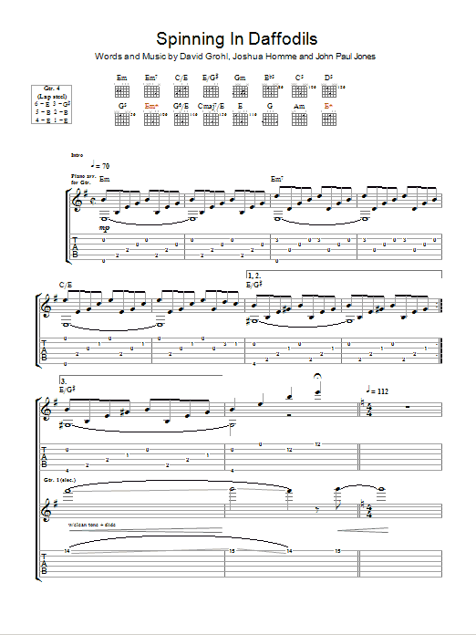 Download Them Crooked Vultures Spinning In Daffodils Sheet Music and learn how to play Guitar Tab PDF digital score in minutes