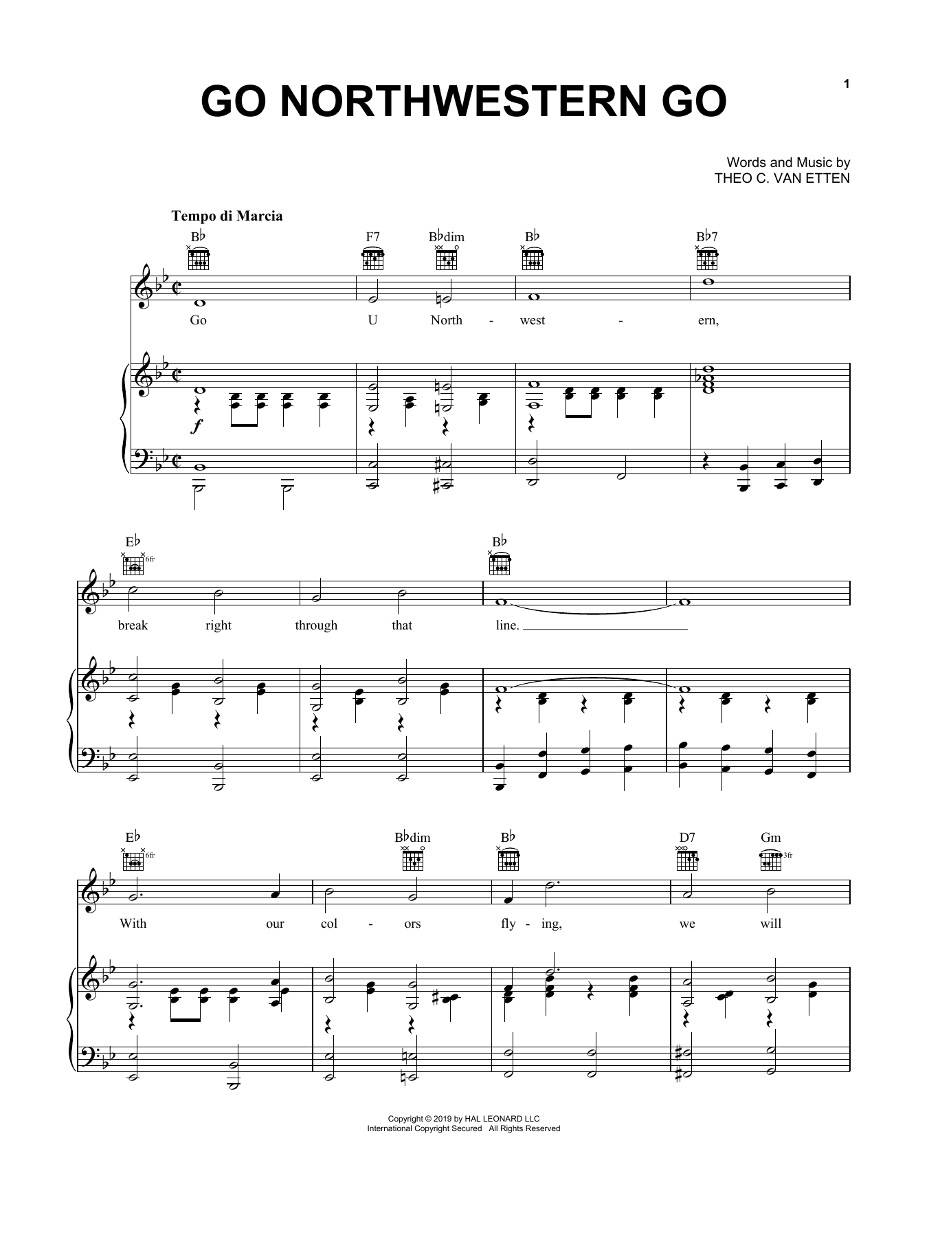 Download Theo C. Van Etten Go Northwestern Go (Go U Northwestern) Sheet Music and learn how to play Piano, Vocal & Guitar Chords (Right-Hand Melody) PDF digital score in minutes