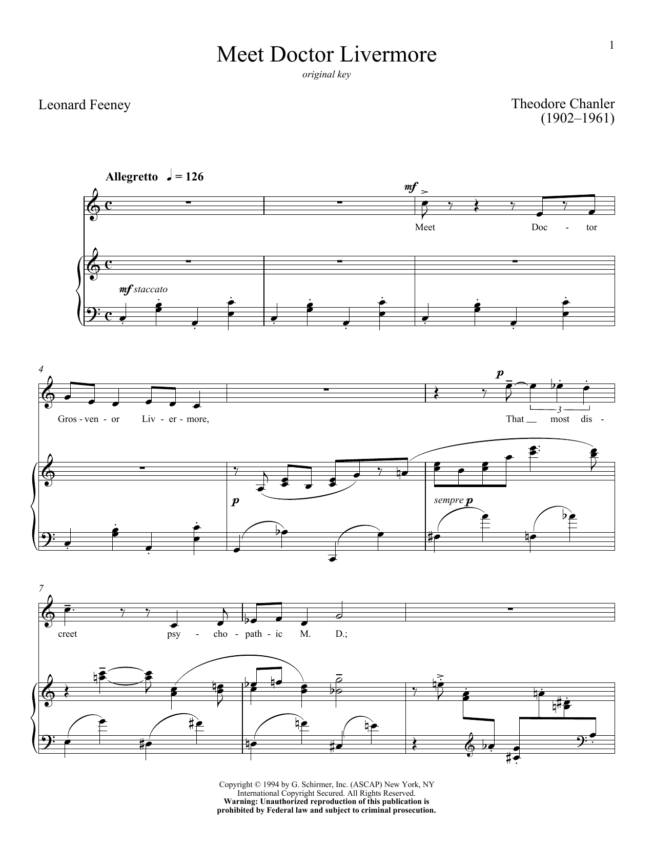 Download Theodore Chanler Meet Doctor Livermore Sheet Music and learn how to play Piano & Vocal PDF digital score in minutes