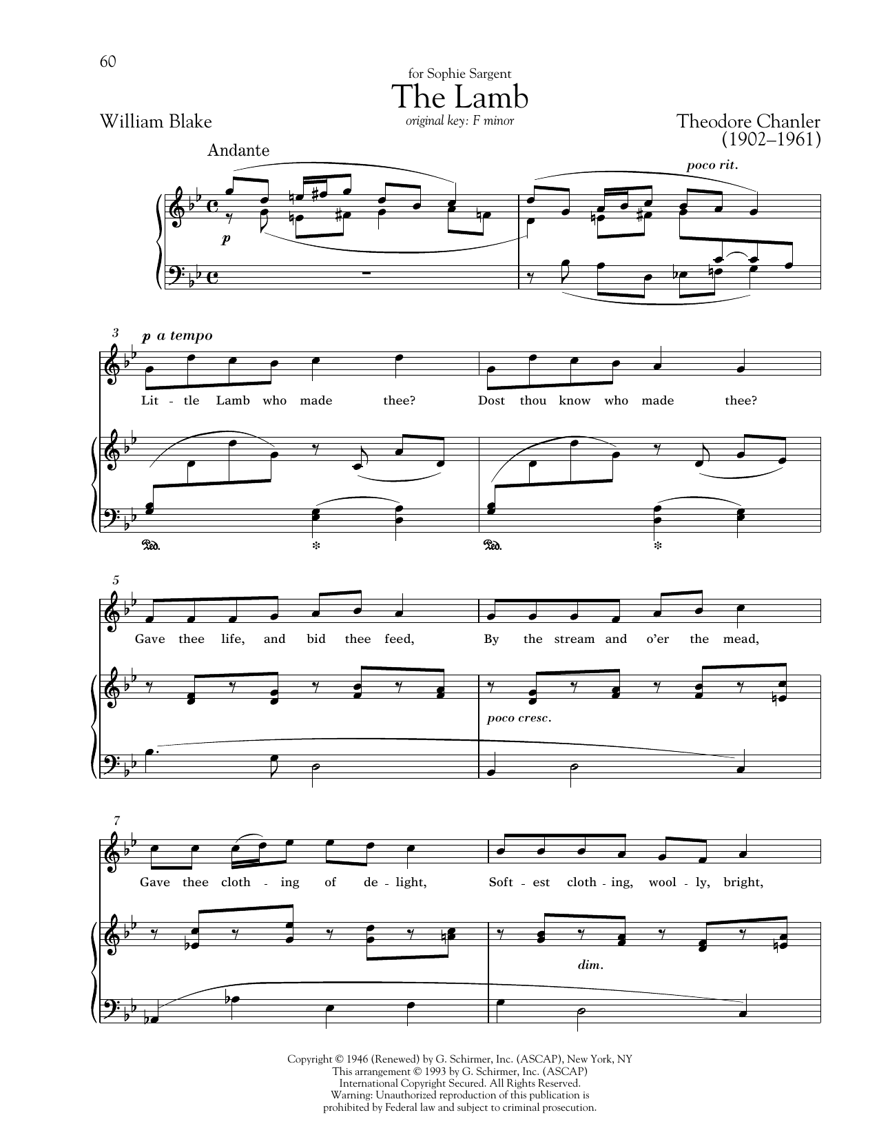 Download Theodore Chanler The Lamb Sheet Music and learn how to play Piano & Vocal PDF digital score in minutes