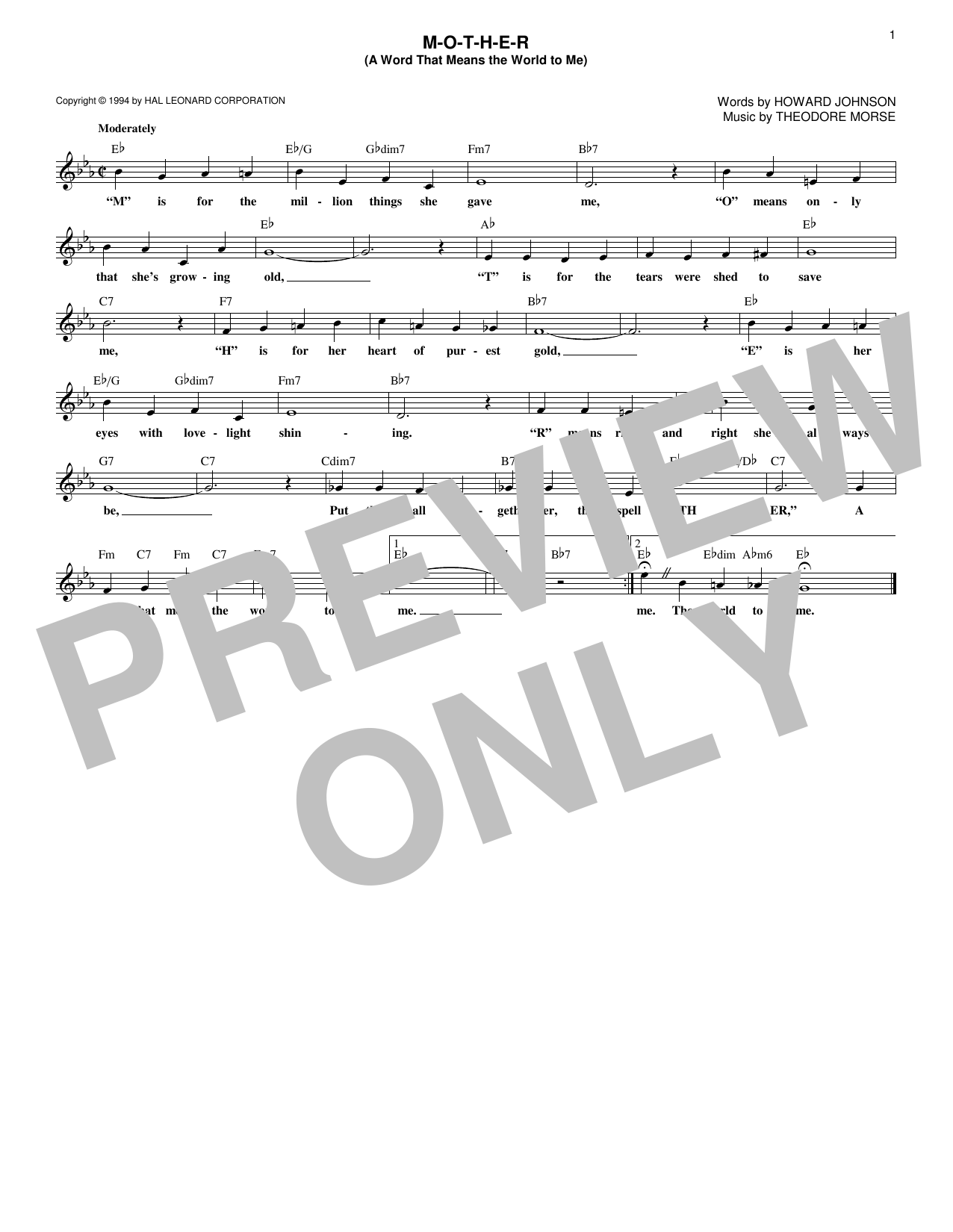 Download Theodore F. Morse M-O-T-H-E-R (A Word That Means The World To Me) Sheet Music and learn how to play Melody Line, Lyrics & Chords PDF digital score in minutes