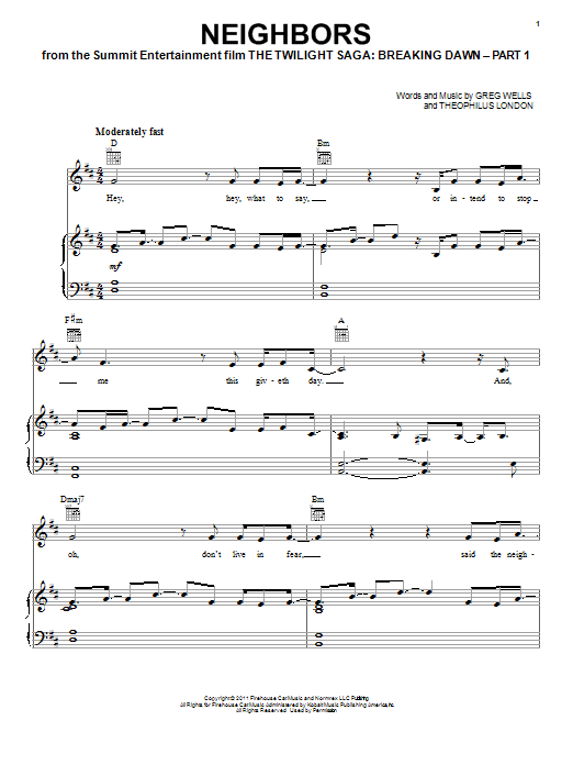 Download Theophilus London Neighbors Sheet Music and learn how to play Piano, Vocal & Guitar (Right-Hand Melody) PDF digital score in minutes