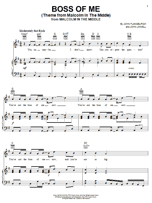 Download The Might Be Giants Boss Of Me (Theme From Malcolm In The Middle) Sheet Music and learn how to play Piano, Vocal & Guitar (Right-Hand Melody) PDF digital score in minutes