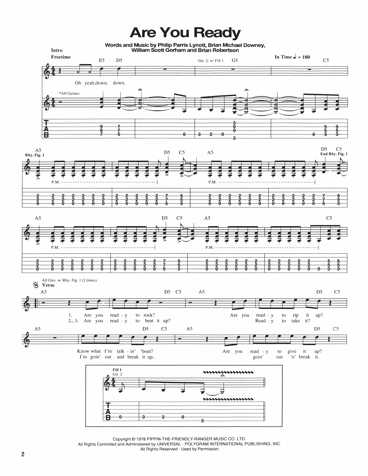 Download Thin Lizzy Are You Ready Sheet Music and learn how to play Guitar Tab PDF digital score in minutes