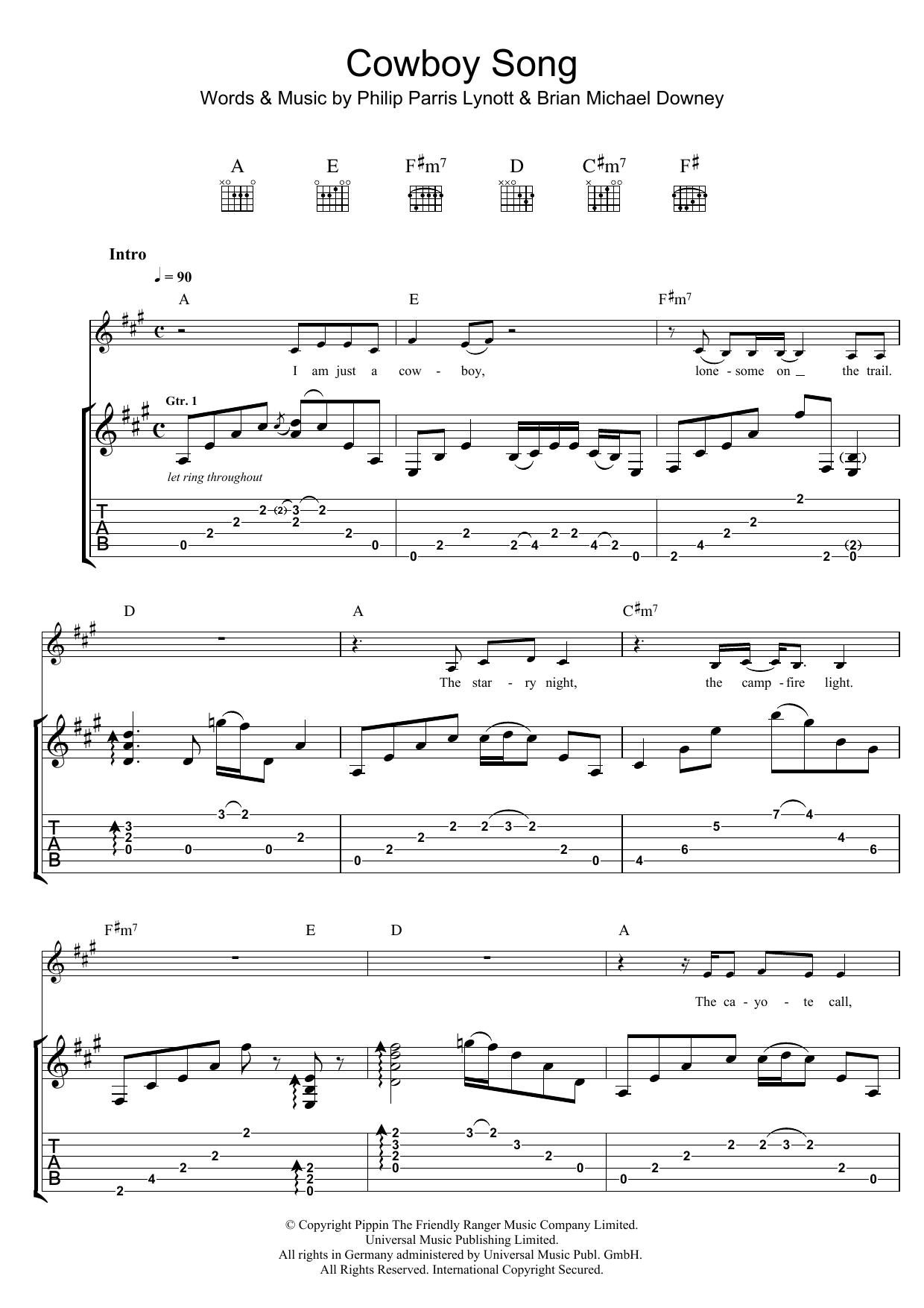 Download Thin Lizzy Cowboy Song Sheet Music and learn how to play Guitar Tab PDF digital score in minutes