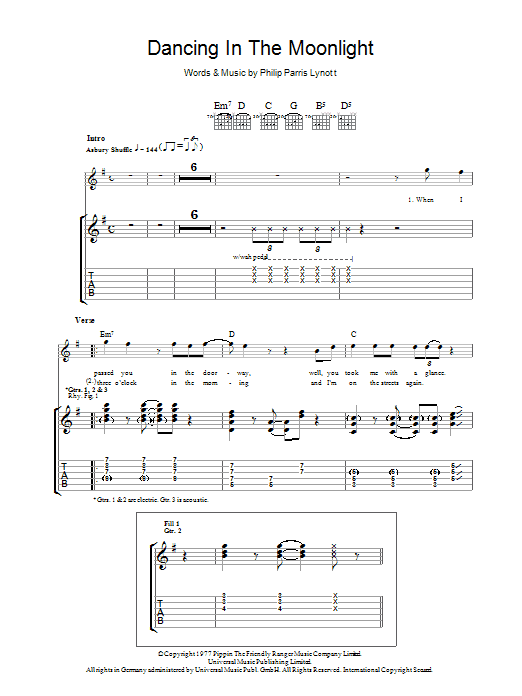 Download Thin Lizzy Dancing In The Moonlight Sheet Music and learn how to play Guitar Tab PDF digital score in minutes