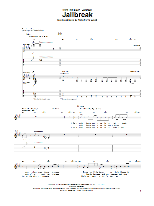 Download Thin Lizzy Jailbreak Sheet Music and learn how to play Easy Guitar Tab PDF digital score in minutes