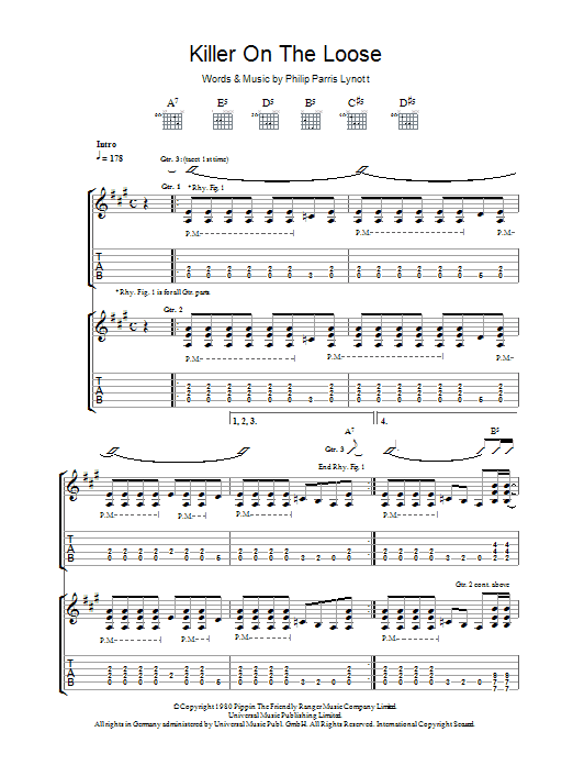 Download Thin Lizzy Killer On The Loose Sheet Music and learn how to play Guitar Tab PDF digital score in minutes