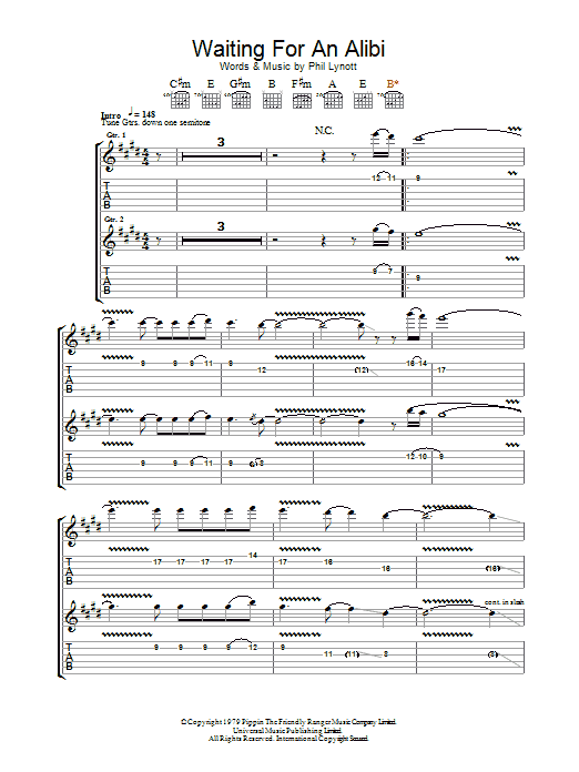 Download Thin Lizzy Waiting For An Alibi Sheet Music and learn how to play Guitar Tab PDF digital score in minutes