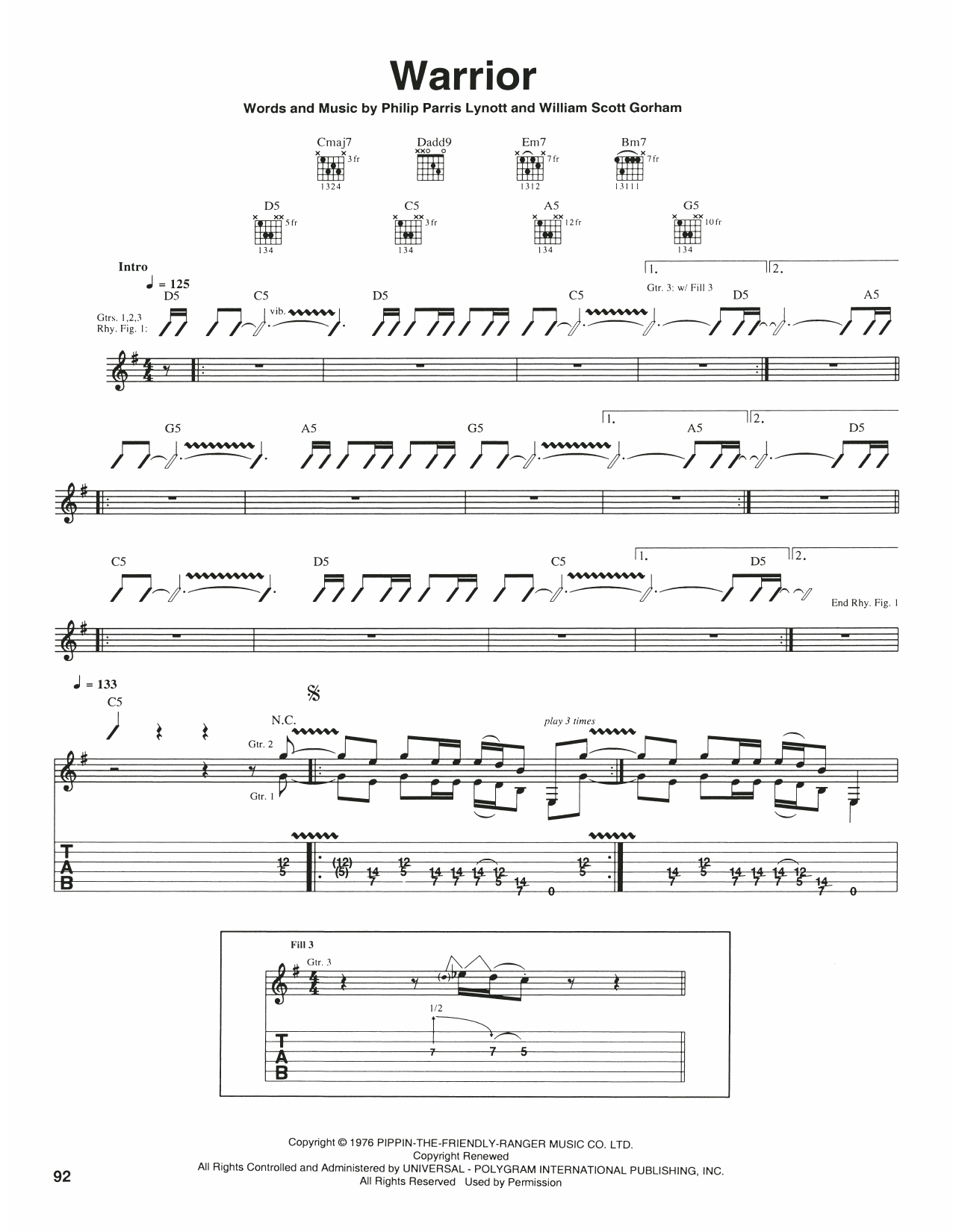 Download Thin Lizzy Warrior Sheet Music and learn how to play Guitar Tab PDF digital score in minutes