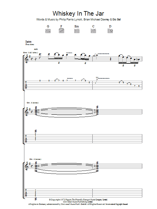 Download Thin Lizzy Whiskey In The Jar Sheet Music and learn how to play Lyrics & Chords PDF digital score in minutes