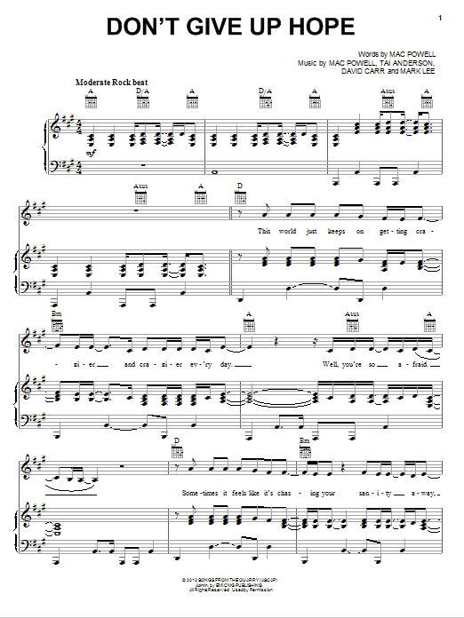 Download Third Day Don't Give Up Hope Sheet Music and learn how to play Piano, Vocal & Guitar (Right-Hand Melody) PDF digital score in minutes