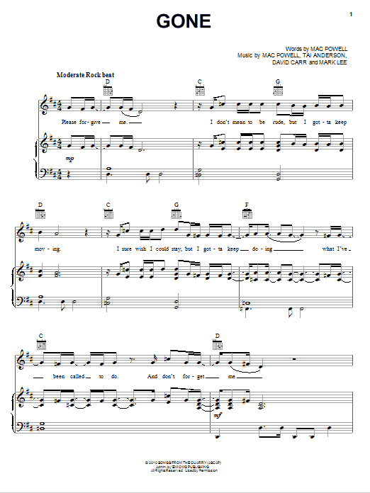 Download Third Day Gone Sheet Music and learn how to play Piano, Vocal & Guitar (Right-Hand Melody) PDF digital score in minutes