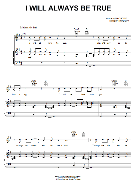 Download Third Day I Will Always Be True Sheet Music and learn how to play Piano, Vocal & Guitar (Right-Hand Melody) PDF digital score in minutes