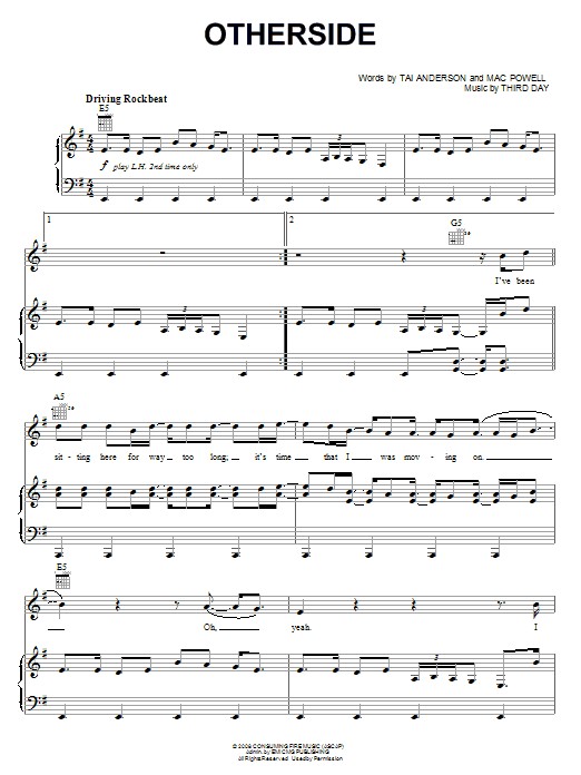 Download Third Day Otherside Sheet Music and learn how to play Piano, Vocal & Guitar (Right-Hand Melody) PDF digital score in minutes