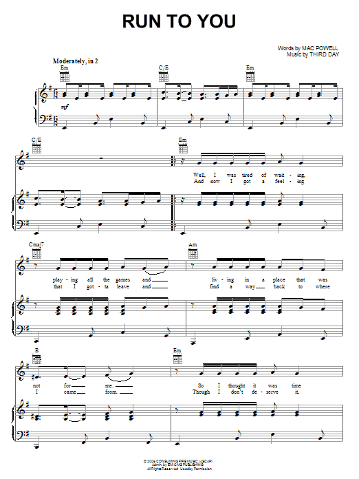 Download Third Day Run To You Sheet Music and learn how to play Piano, Vocal & Guitar (Right-Hand Melody) PDF digital score in minutes