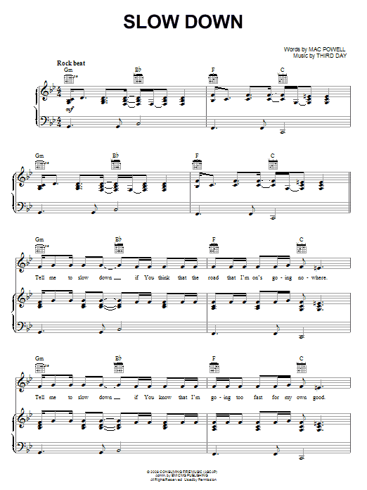 Download Third Day Slow Down Sheet Music and learn how to play Piano, Vocal & Guitar (Right-Hand Melody) PDF digital score in minutes