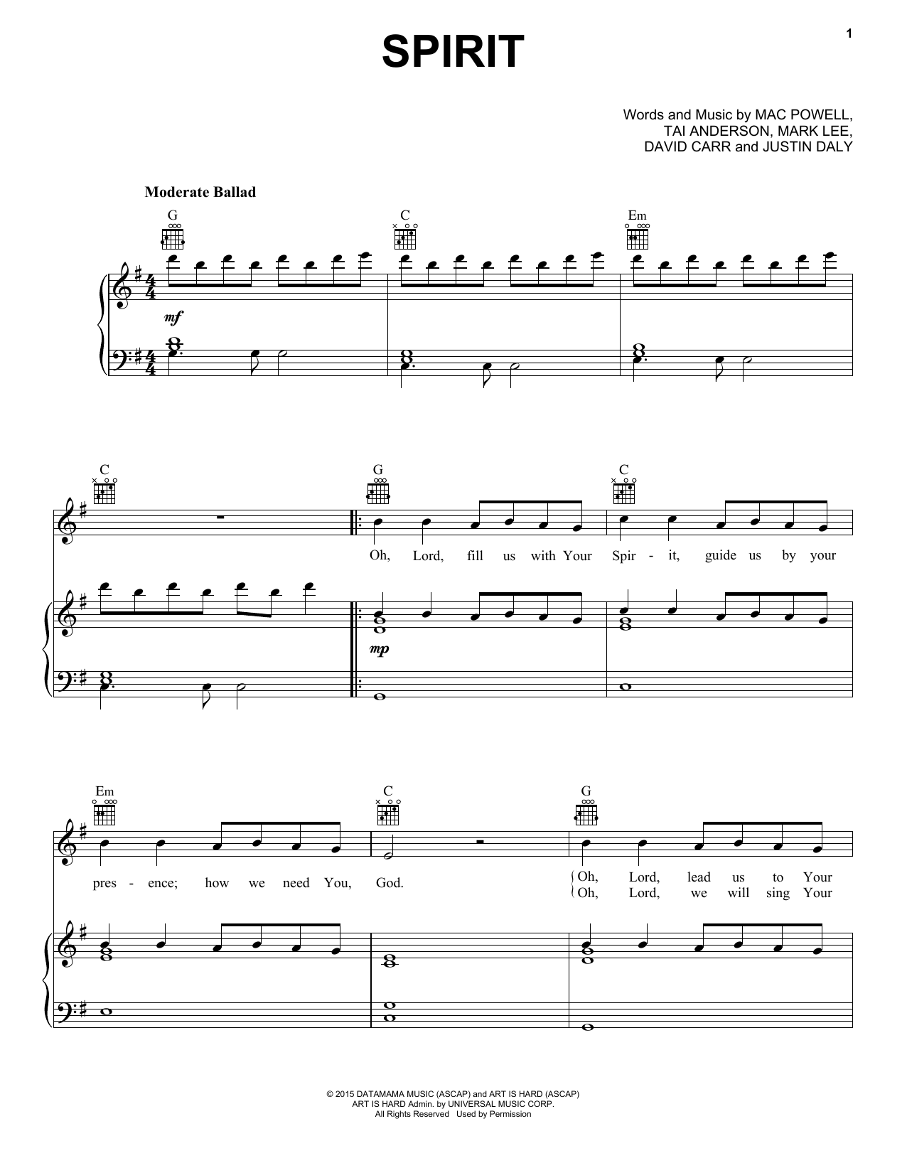Download Third Day Spirit Sheet Music and learn how to play Piano, Vocal & Guitar (Right-Hand Melody) PDF digital score in minutes