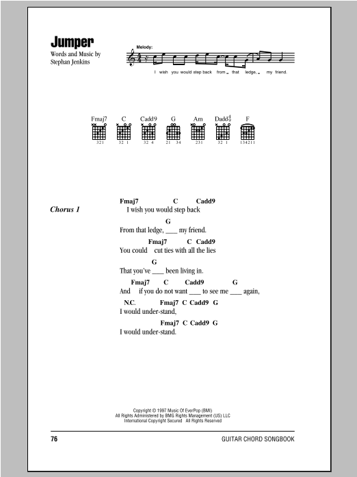 Download Third Eye Blind Jumper Sheet Music and learn how to play Guitar Lead Sheet PDF digital score in minutes