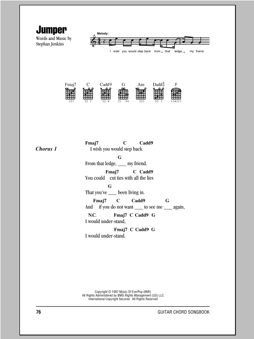 Download Third Eye Blind Jumper Sheet Music and learn how to play Piano, Vocal & Guitar (Right-Hand Melody) PDF digital score in minutes