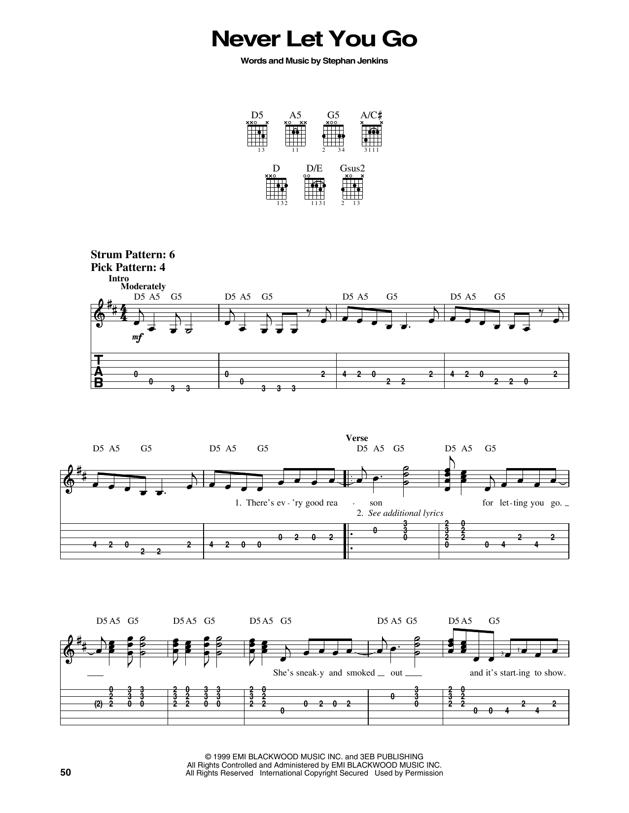 Download Third Eye Blind Never Let You Go Sheet Music and learn how to play Easy Guitar Tab PDF digital score in minutes