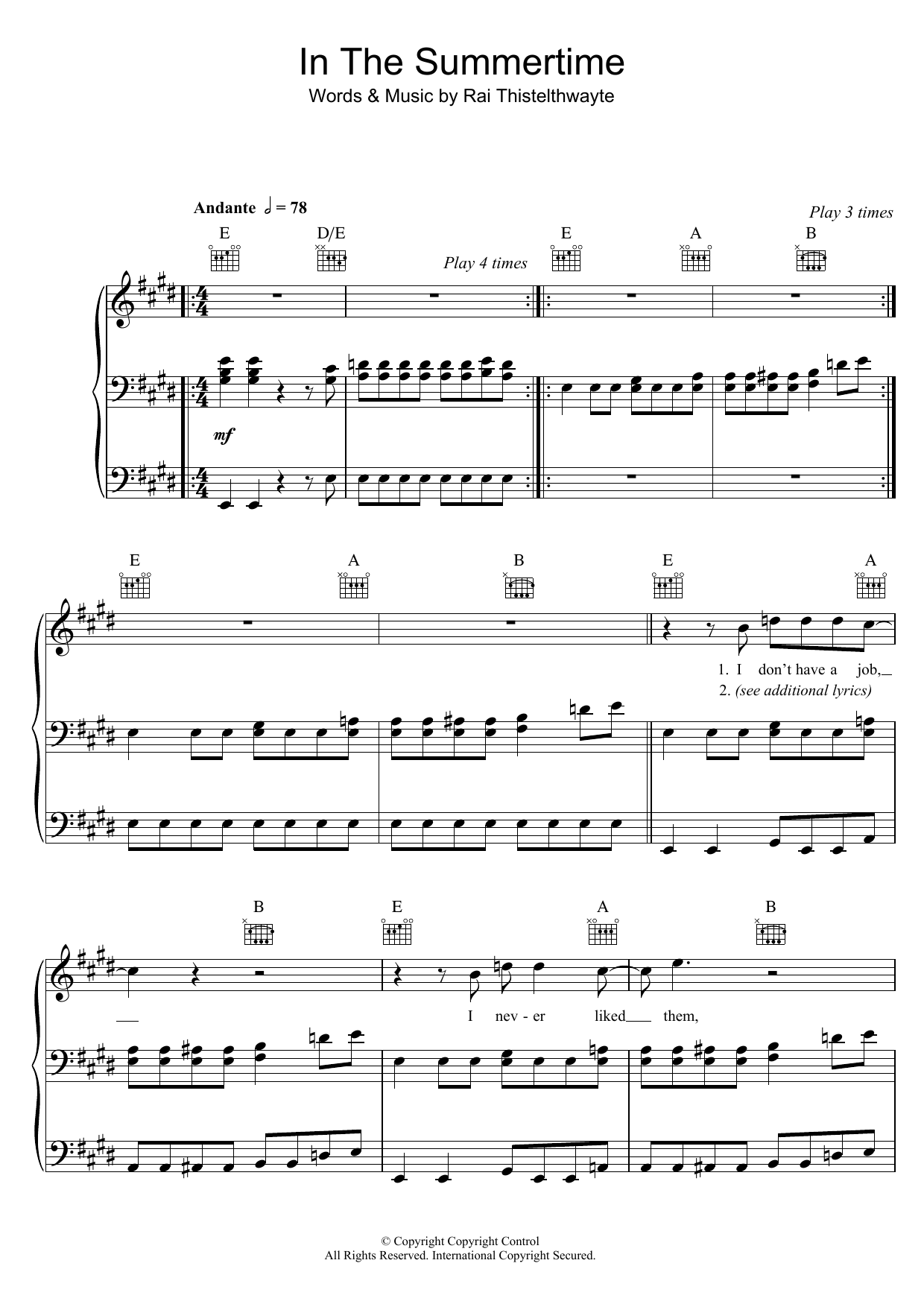 Download Thirsty Merc In The Summertime Sheet Music and learn how to play Piano, Vocal & Guitar PDF digital score in minutes