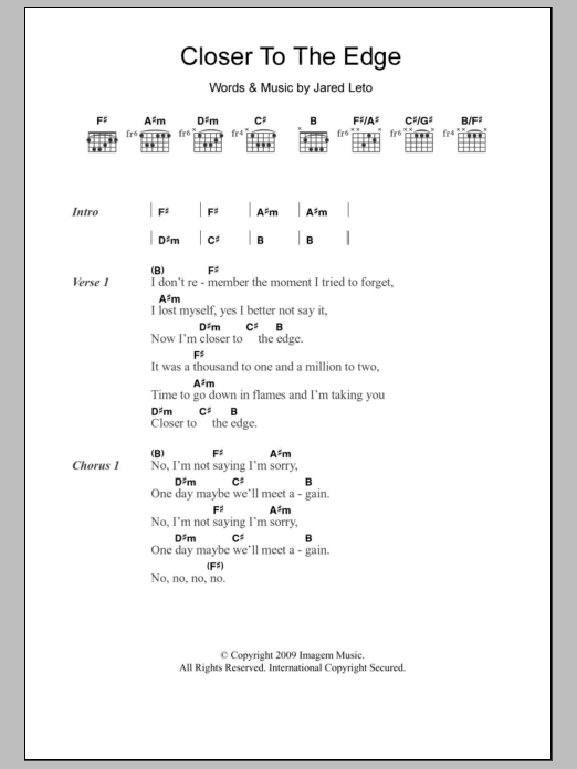 Download Thirty Seconds To Mars Closer To The Edge Sheet Music and learn how to play Lyrics & Chords PDF digital score in minutes