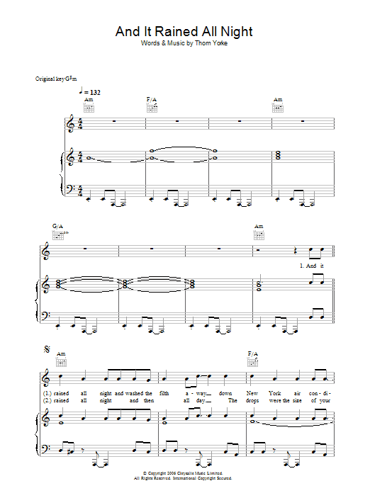 Download Thom Yorke And It Rained All Night Sheet Music and learn how to play Piano, Vocal & Guitar (Right-Hand Melody) PDF digital score in minutes