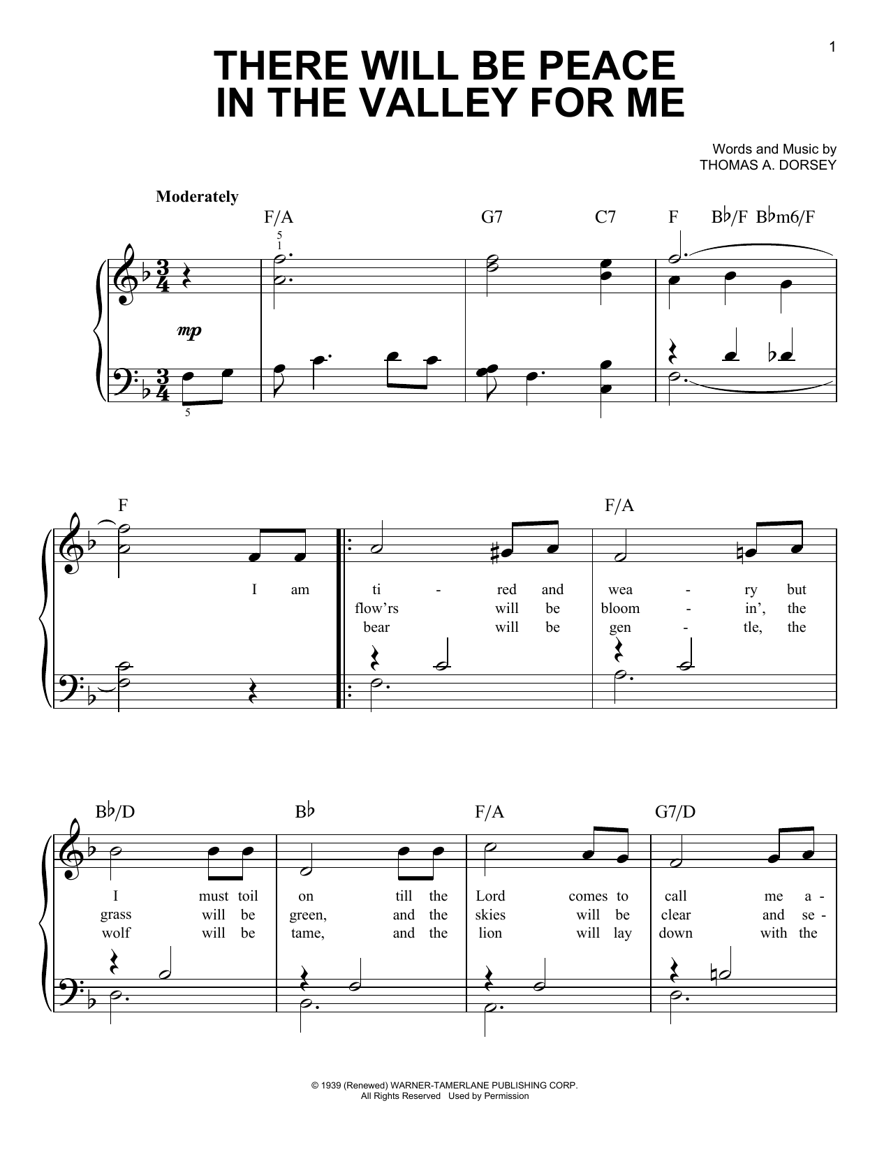 Download Thomas A. Dorsey There Will Be Peace In The Valley For Me Sheet Music and learn how to play Easy Guitar PDF digital score in minutes