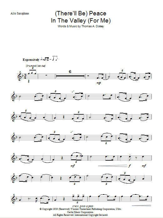 Download Johnny Cash (There'll Be) Peace In The Valley (For Me) Sheet Music and learn how to play Alto Saxophone PDF digital score in minutes