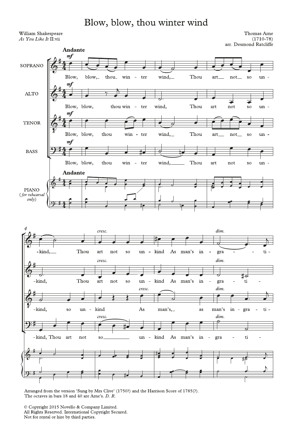 Download Thomas Arne Blow, Blow, Thou Winter Wind (arr. Desmond Ratcliffe) Sheet Music and learn how to play SATB Choir PDF digital score in minutes